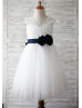 Ivory Lace Tulle V Neck Navy Blue Flower Sash Knee Length Flower Girl Dress 